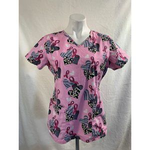 ScrubStar MEDIUM hearts breast cancer ribbon scrub top